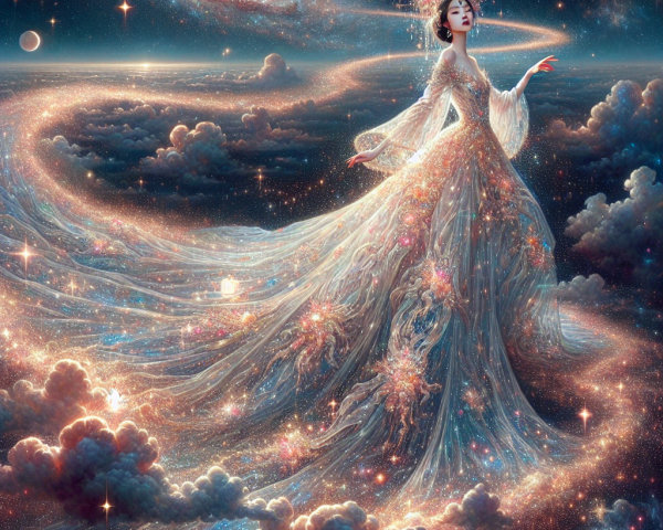 Celestial Figure in Sparkling Gown Amidst Cosmos