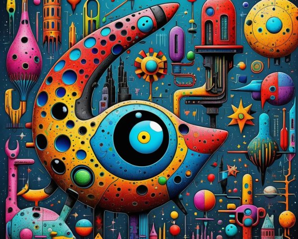 Vibrant Abstract Scene with Colorful Creature and Shapes