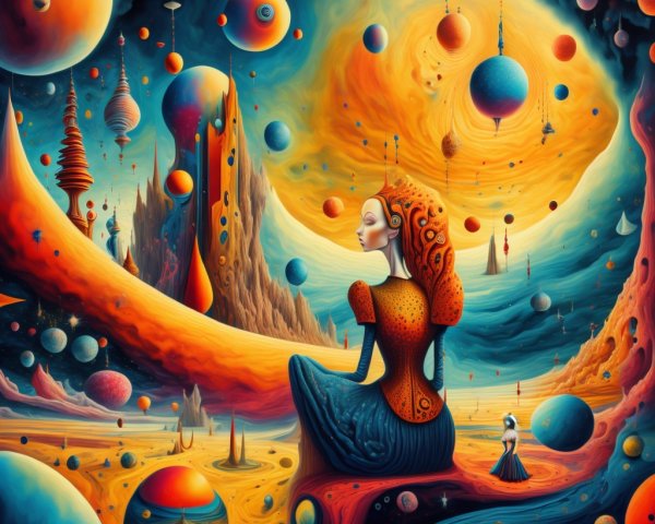 Surreal Landscape with Woman in Blue Gown and Celestial Forms