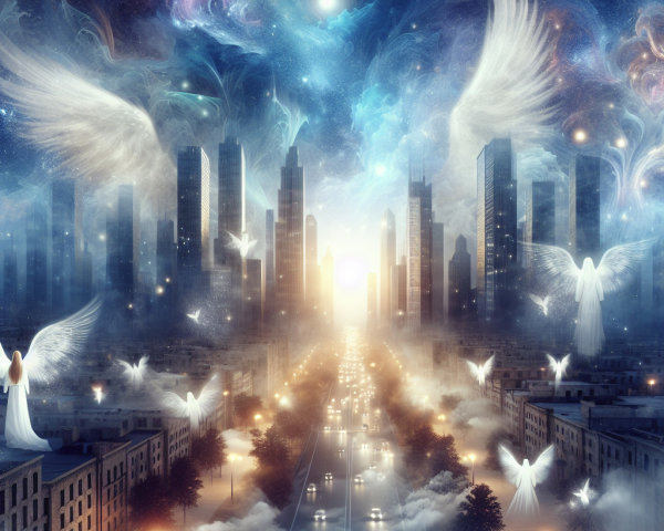 Surreal Cityscape with Skyscrapers and Cosmic Sky