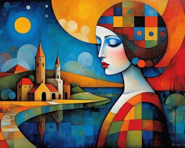 Stylized Painting of Woman with Geometric Headscarf