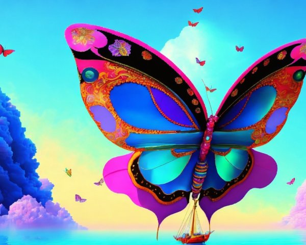 Oversized Butterfly in Whimsical Sky Scene