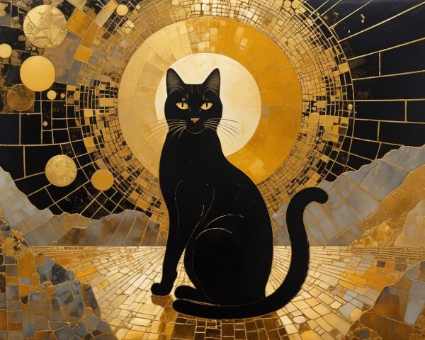 Black Cat Silhouette on Gold Background with Patterns