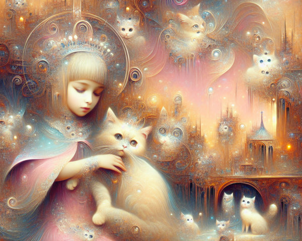 Ethereal Landscape with Girl and Fluffy White Cat