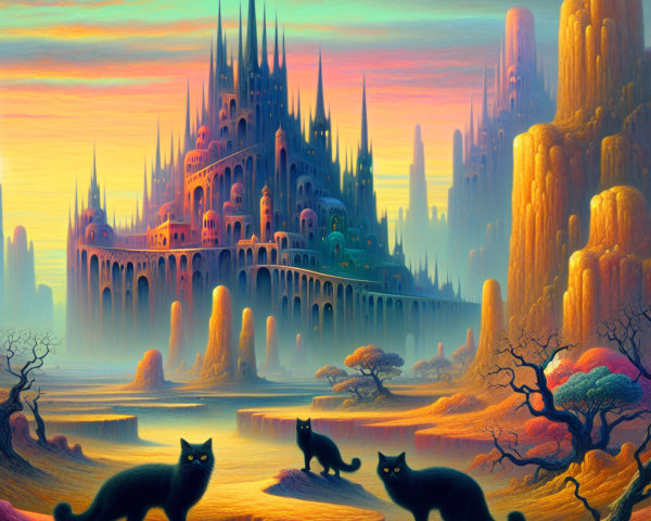 Surreal Landscape with Mystical Castle and Cats