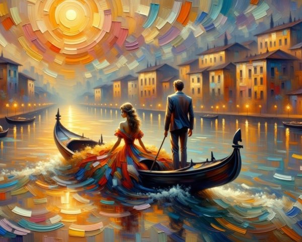 Couple in Gondola on Serene Canal at Sunset
