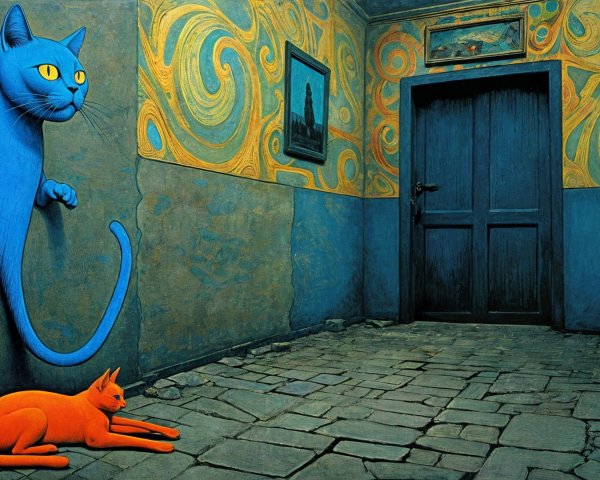Surreal Hallway with Blue and Orange Cats