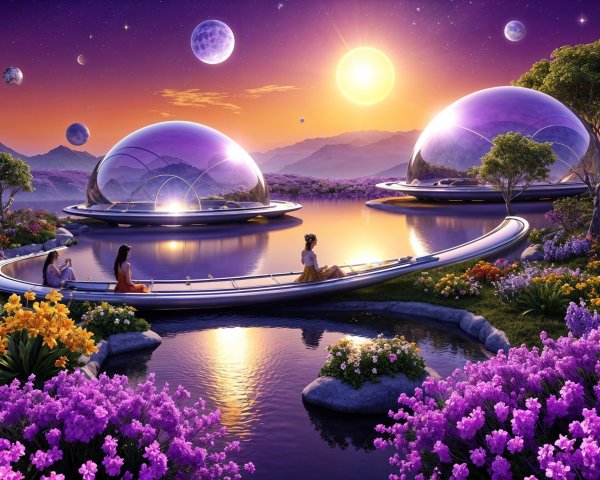 Translucent Domes in Alien Landscape at Sunset