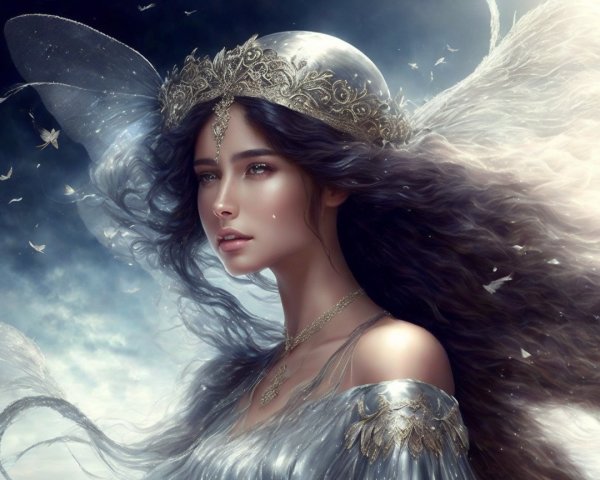 Ethereal Woman with Butterfly Wings in Misty Setting