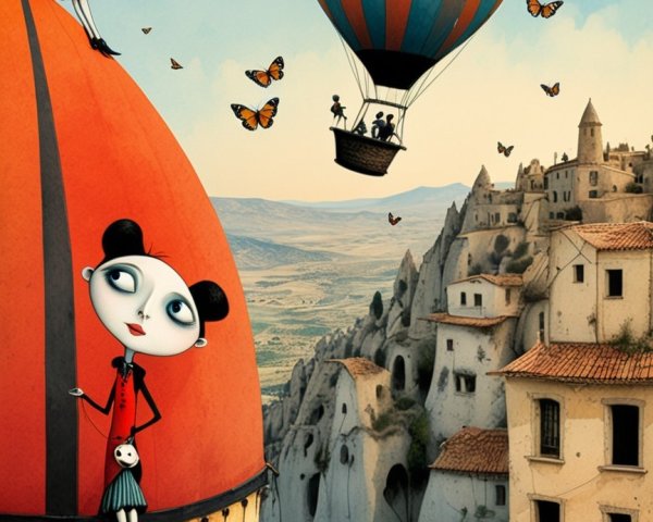 Whimsical Scene of a Girl with Balloon and Butterflies