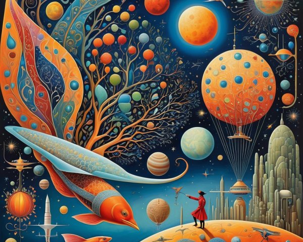 Surreal Landscape with Cosmic Fish and Whimsical Elements