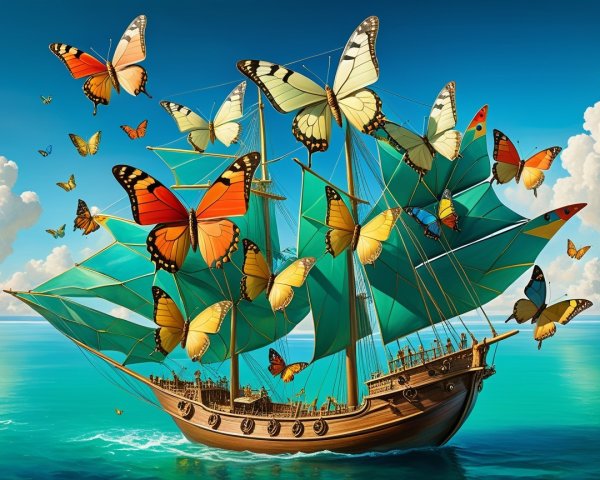 Wooden ship with butterfly sails on turquoise waters