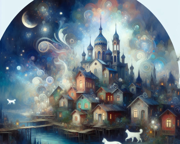 Whimsical Town Under Starry Night Sky with Cats