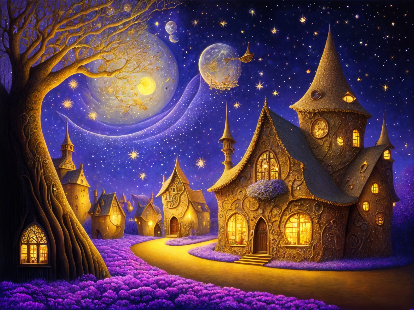 Whimsical Landscape with Twisted Houses and Stars