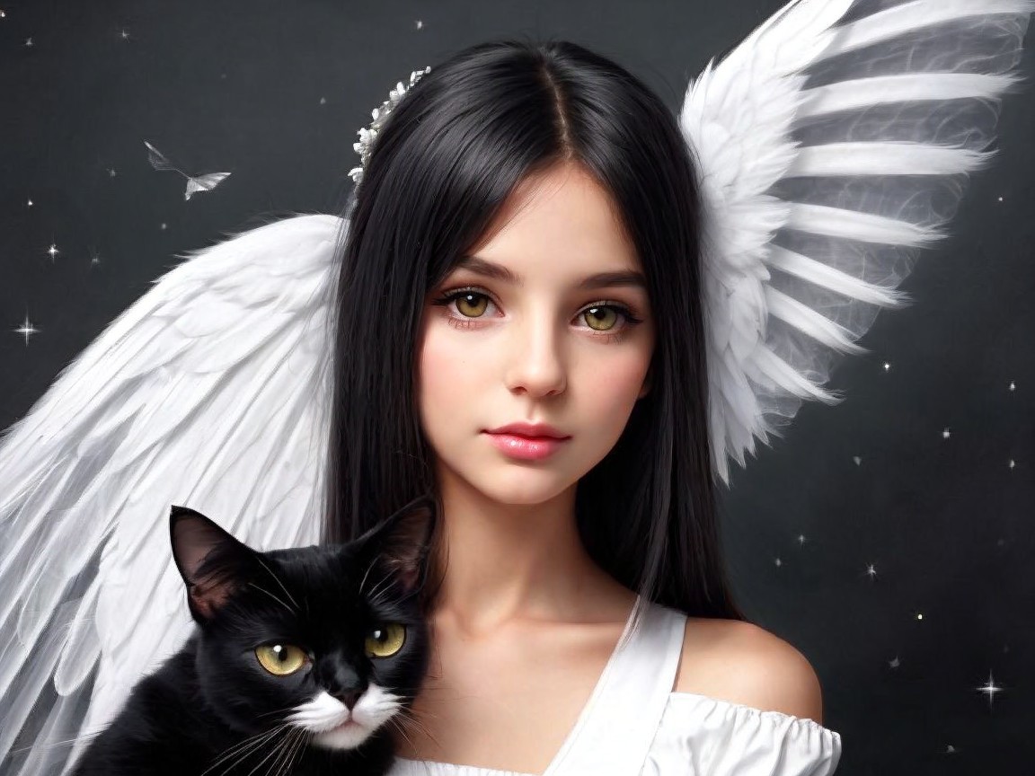 Young Woman with Angel Wings and Black Cat in Stars