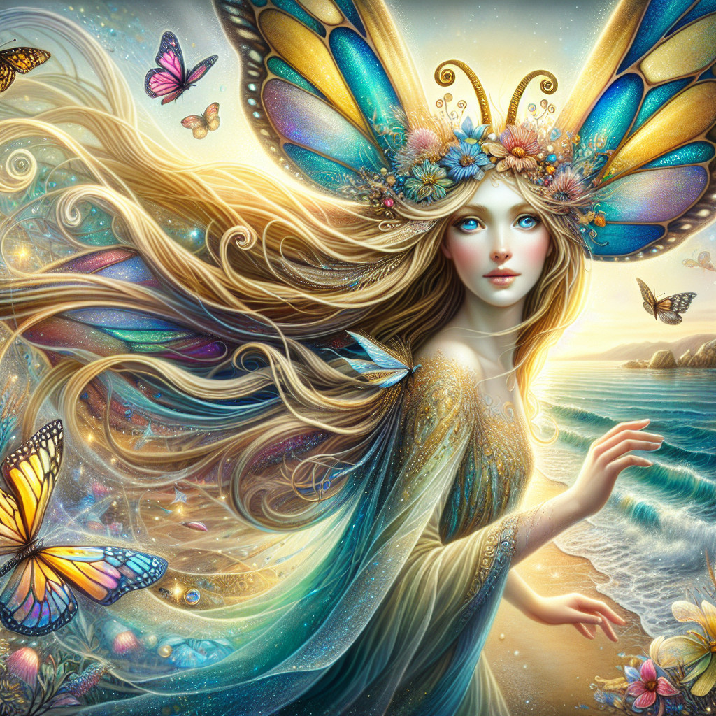 Mystical figure with butterfly wings by serene shoreline