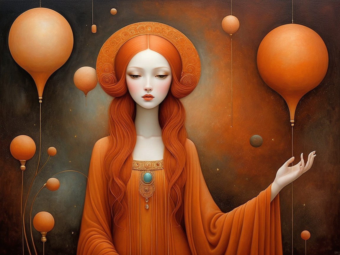 Serene figure with red hair in orange robe and shapes