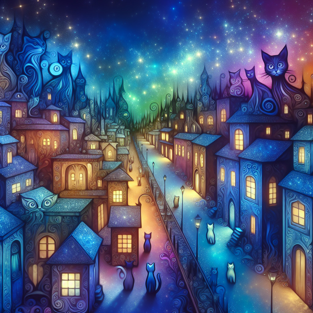 Whimsical Nighttime Scene of a Surreal Town