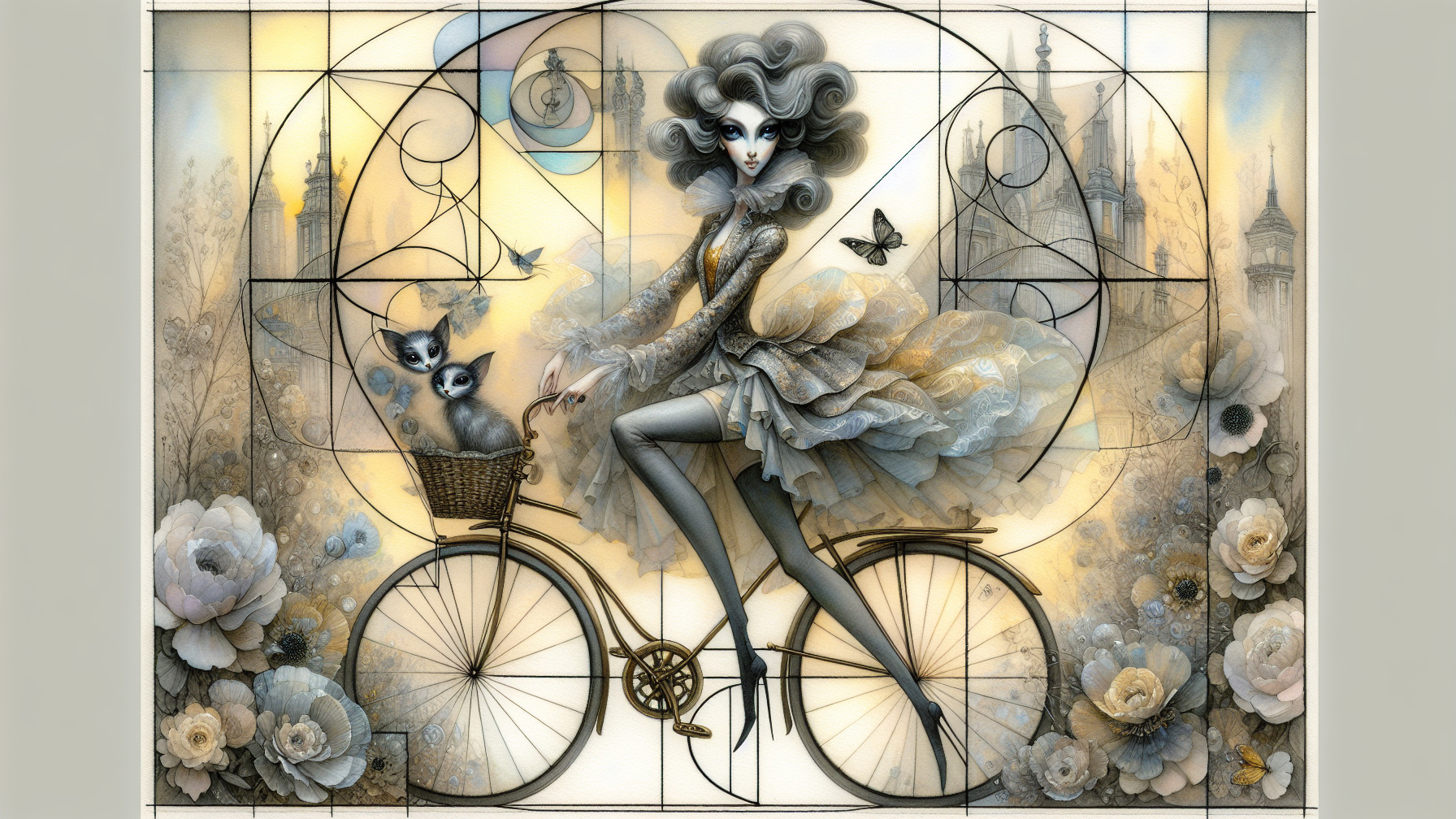 Whimsical Scene of Woman on Vintage Bicycle with Cats