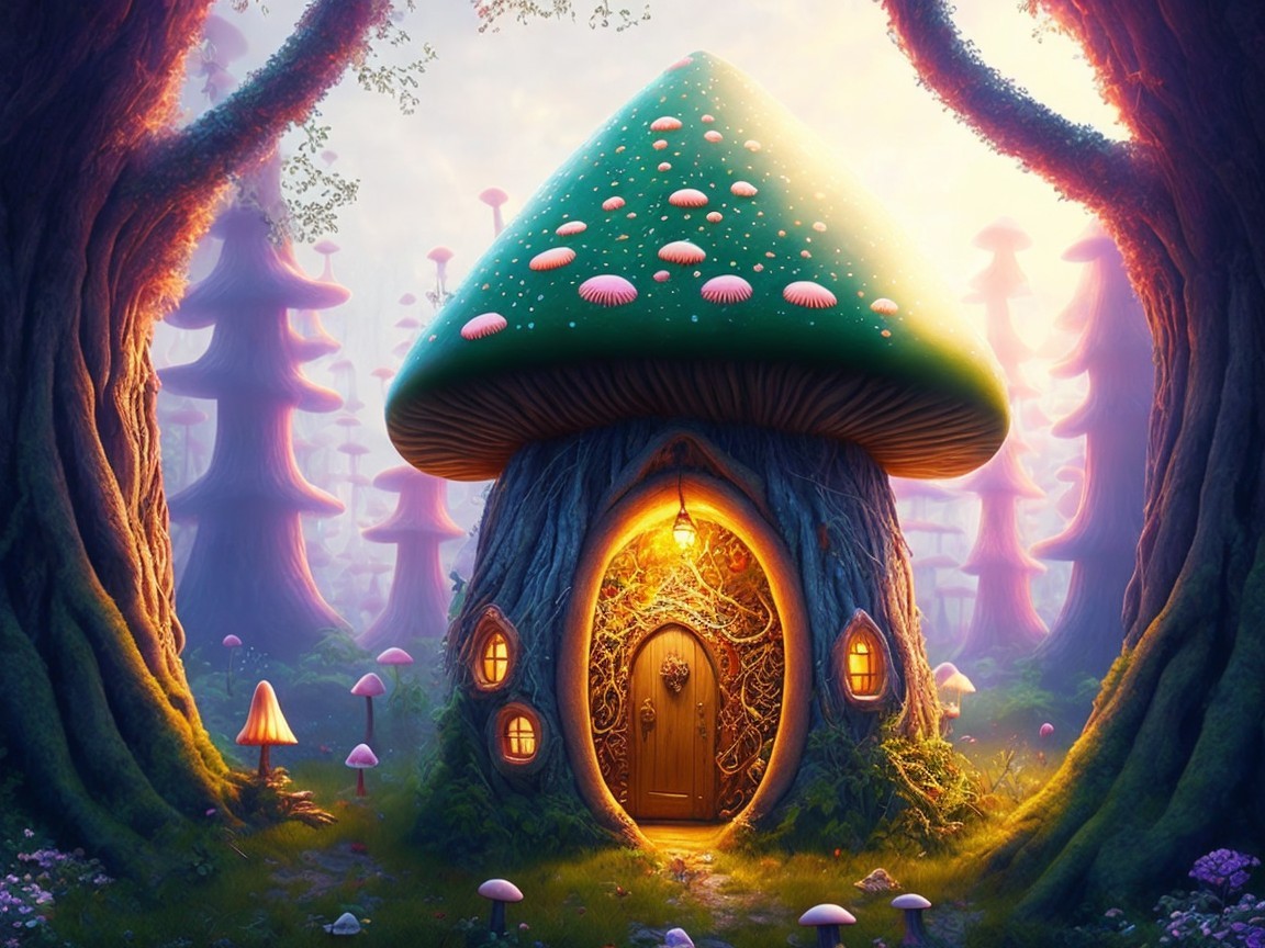 Whimsical Mushroom House in Enchanting Forest Setting