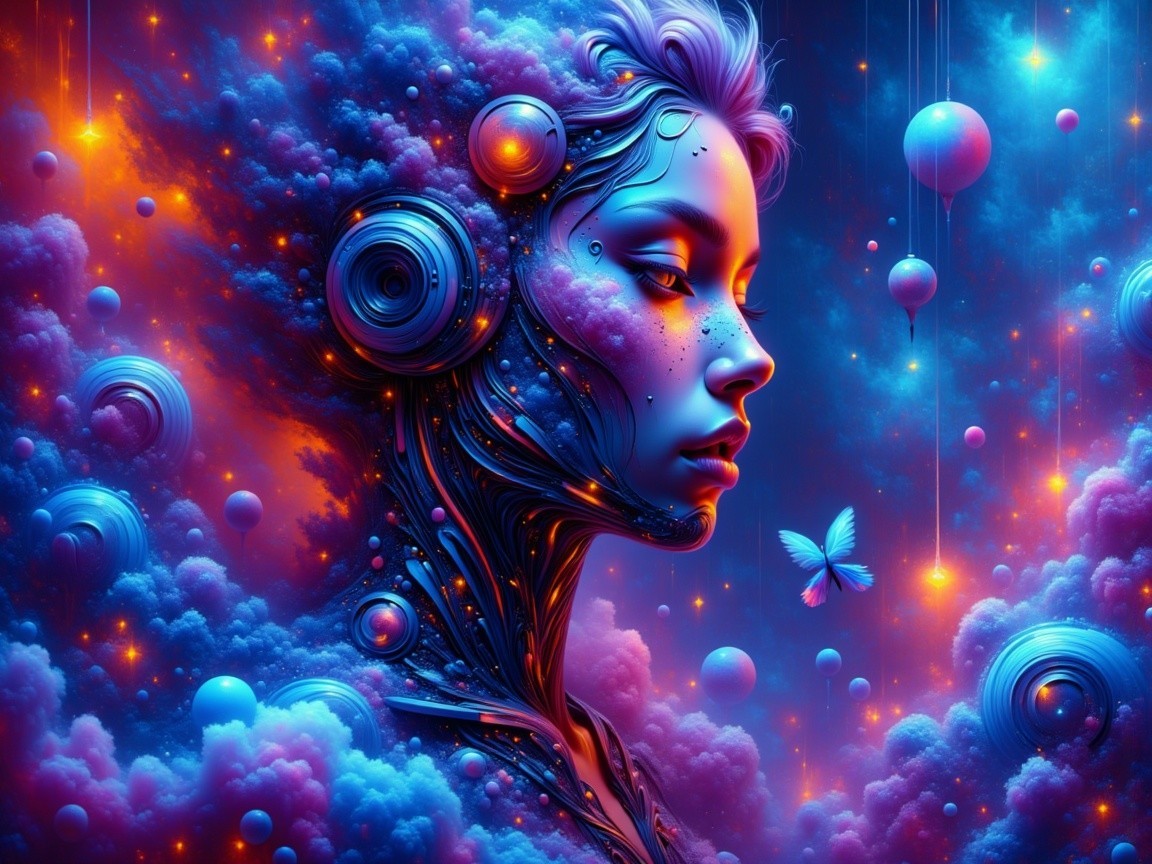 Surreal Cosmic Portrait of a Woman with Vibrant Colors
