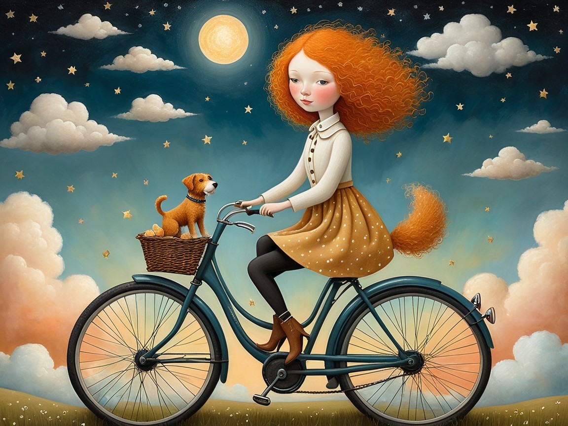 Whimsical Scene of Girl on Bicycle Under Starry Sky