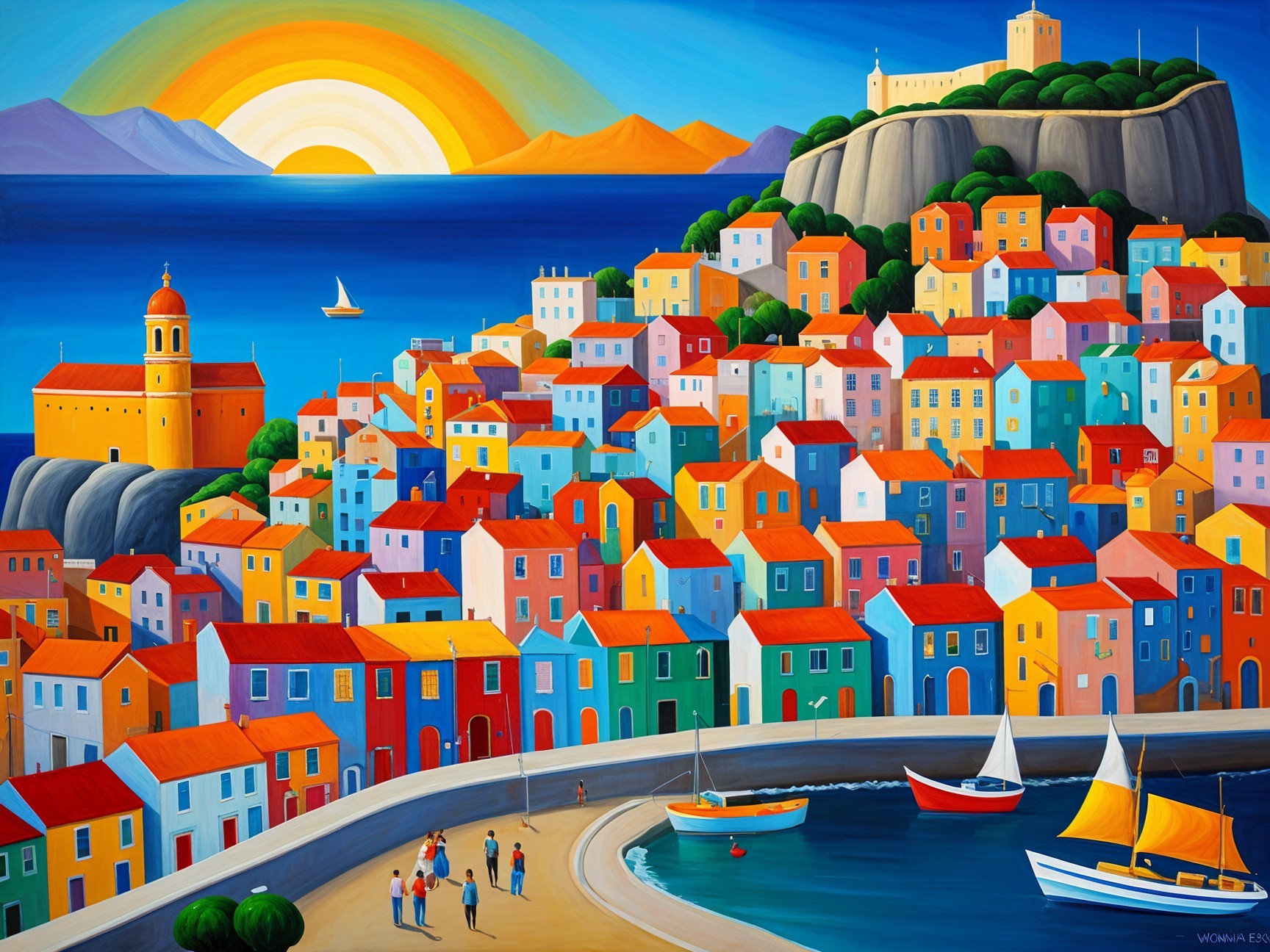 Vibrant Coastal Village at Sunset with Scenic Beach