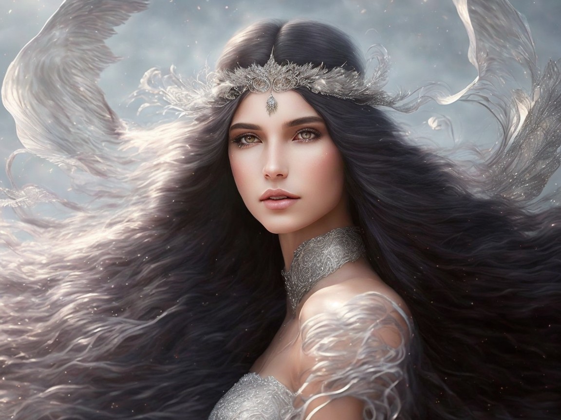 Mystical Woman in Shimmering Silver Outfit and Crown