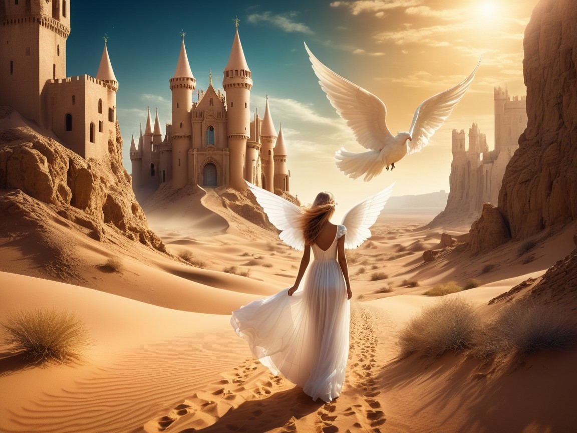 Desert Scene with Woman, Castle, and Soaring Dove