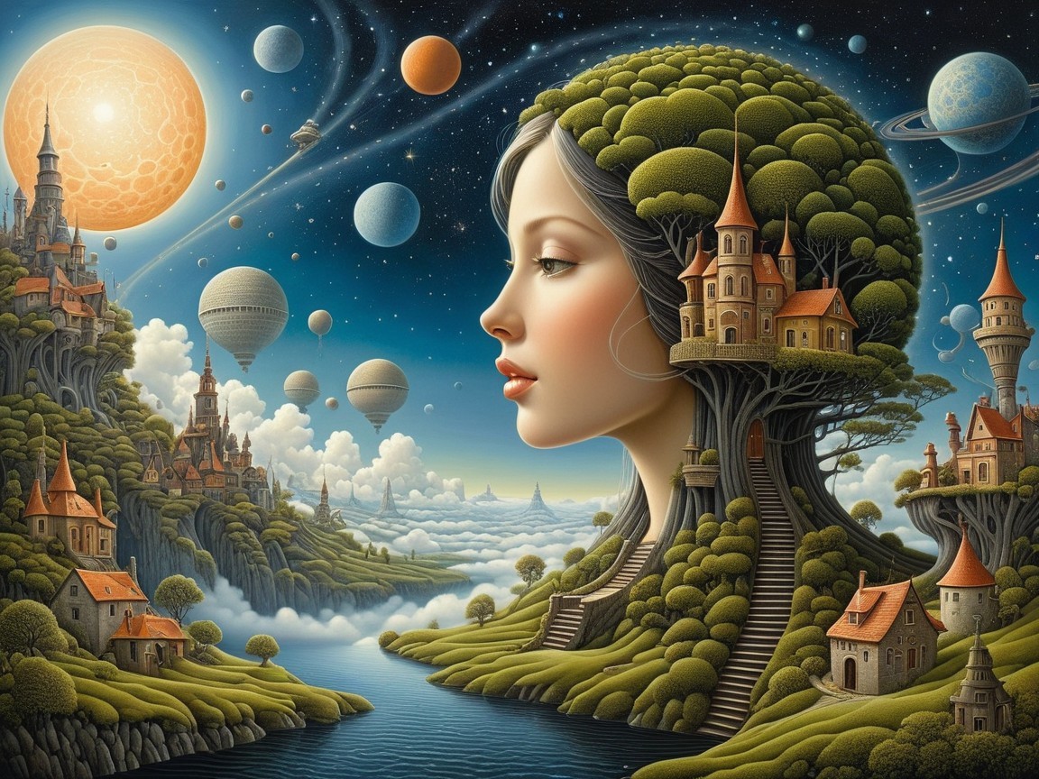 Surreal landscape of woman and tree with whimsical homes