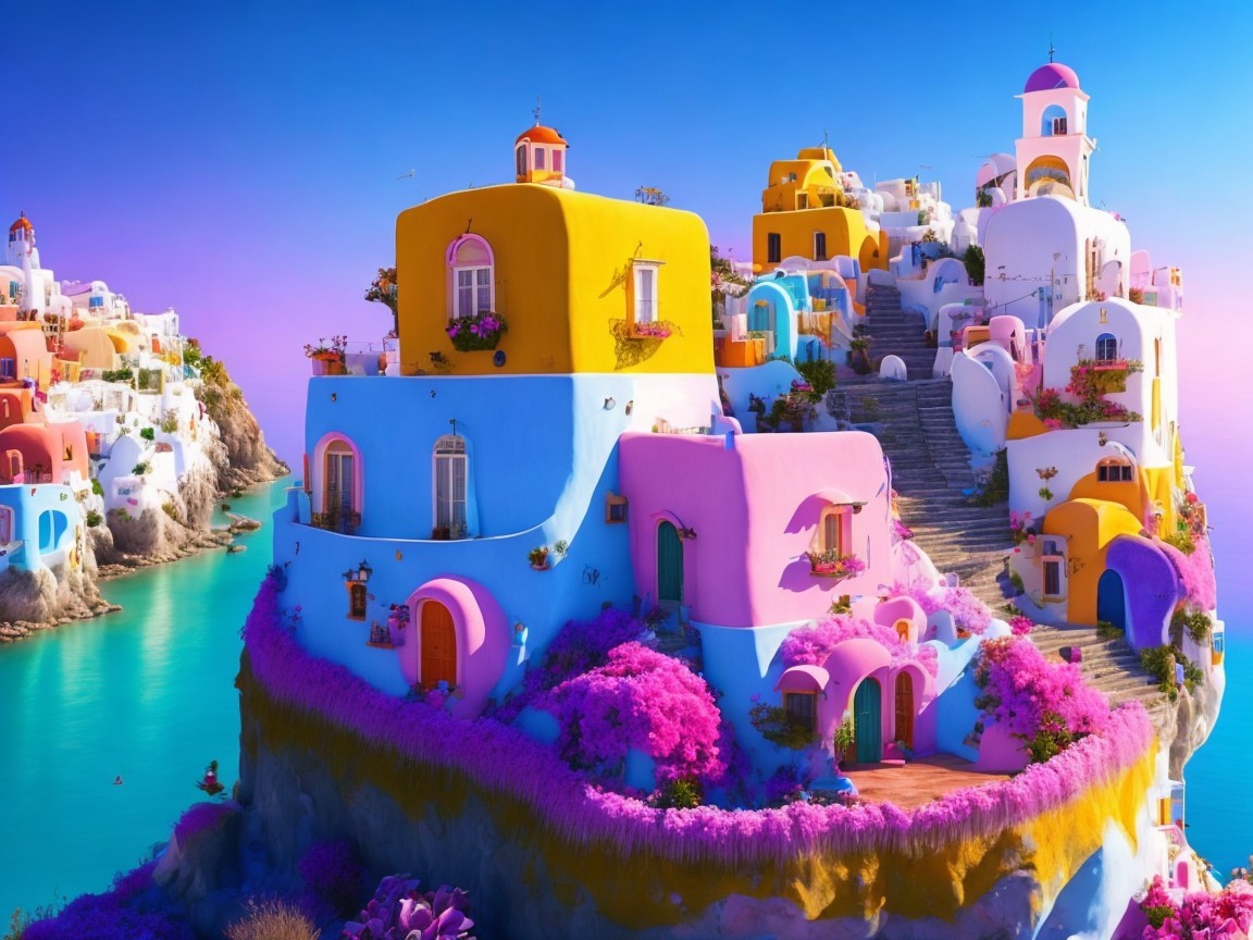 Colorful Cliffside Buildings Overlooking Turquoise Sea