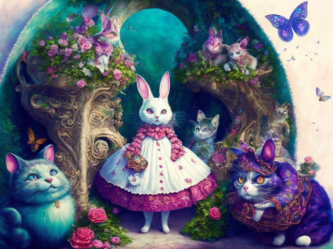 Whimsical Garden Scene with Dressed Bunny and Cats