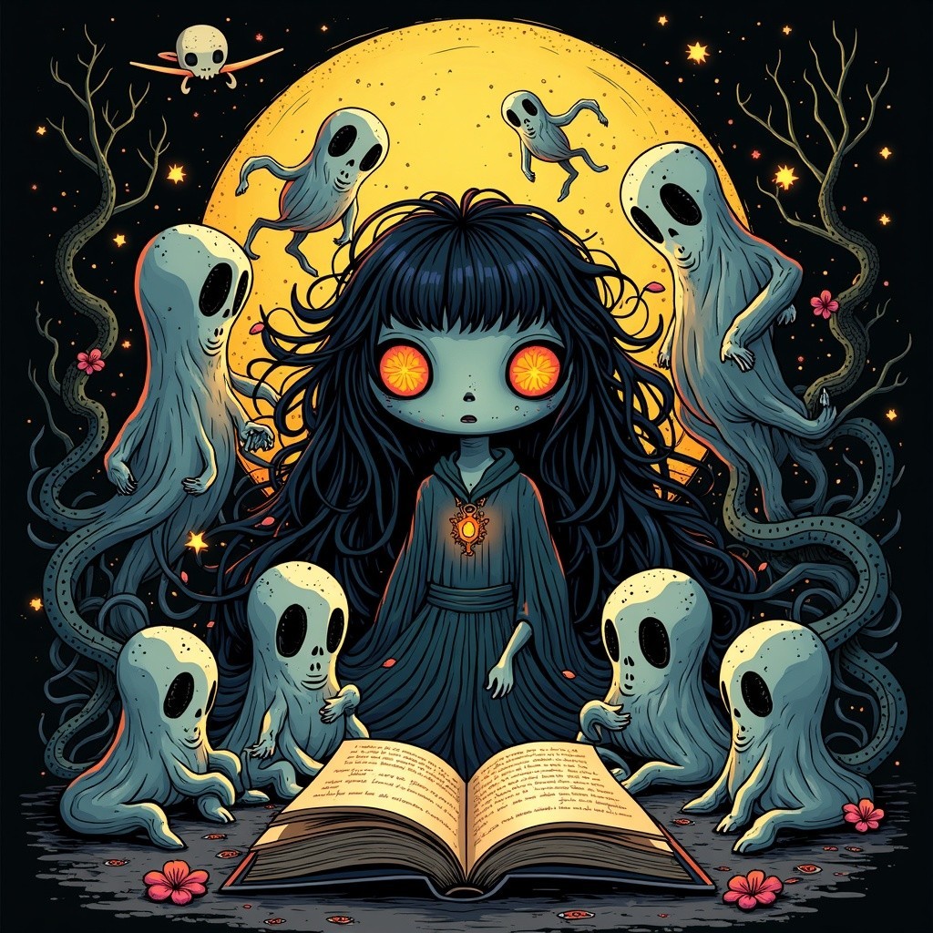 Whimsical Dark Fantasy Scene with Glowing Eyes and Ghosts
