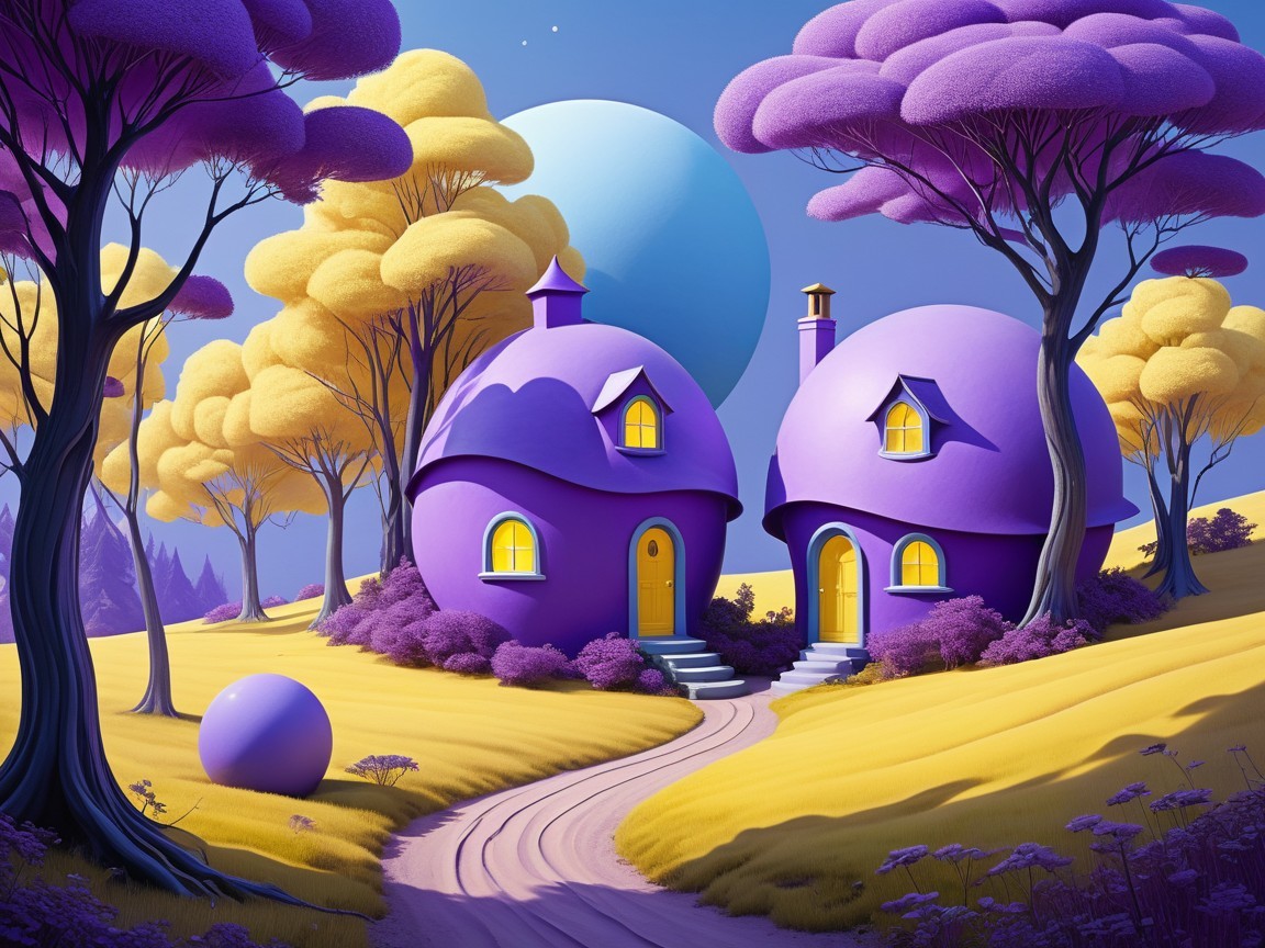 Whimsical Purple Houses in a Vibrant Landscape