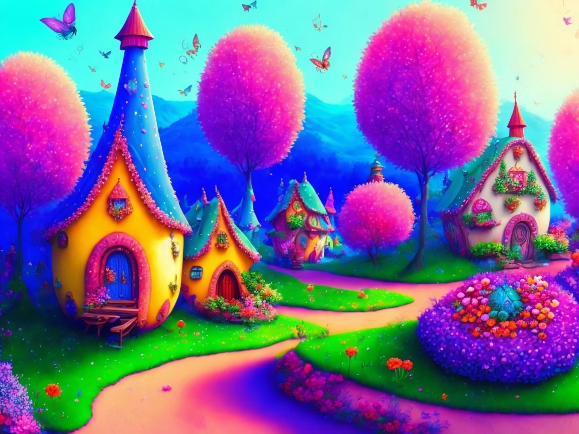Whimsical Landscape with Colorful Cottages and Trees
