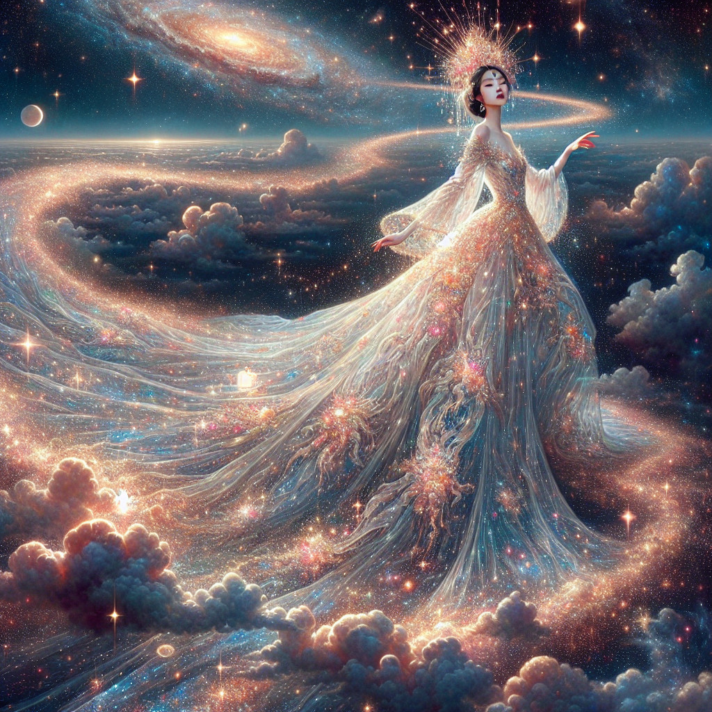 Celestial Figure in Sparkling Gown Amidst Cosmos