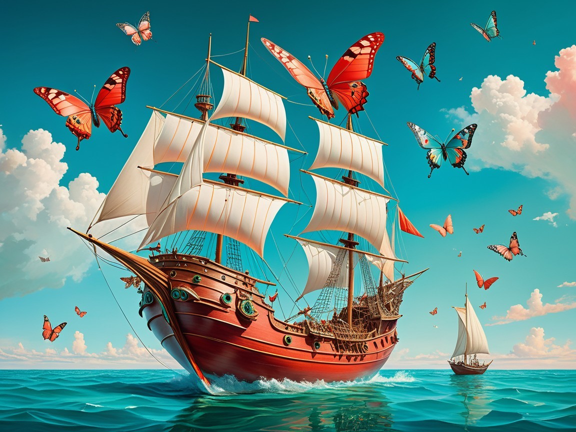 Wooden ship sailing in turquoise waters with butterflies