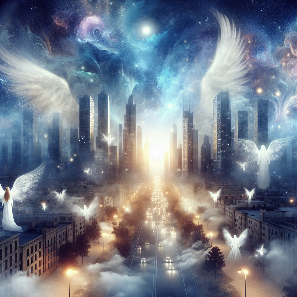 Surreal Cityscape with Skyscrapers and Cosmic Sky