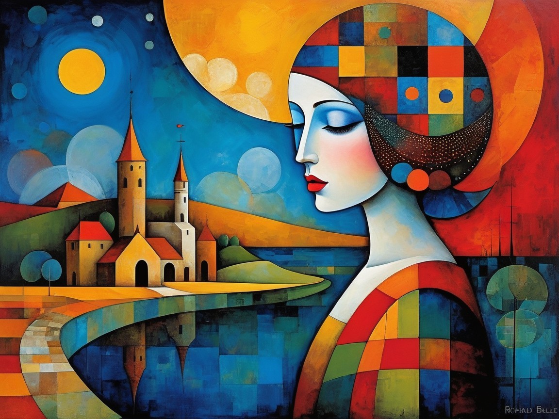 Stylized Painting of Woman with Geometric Headscarf