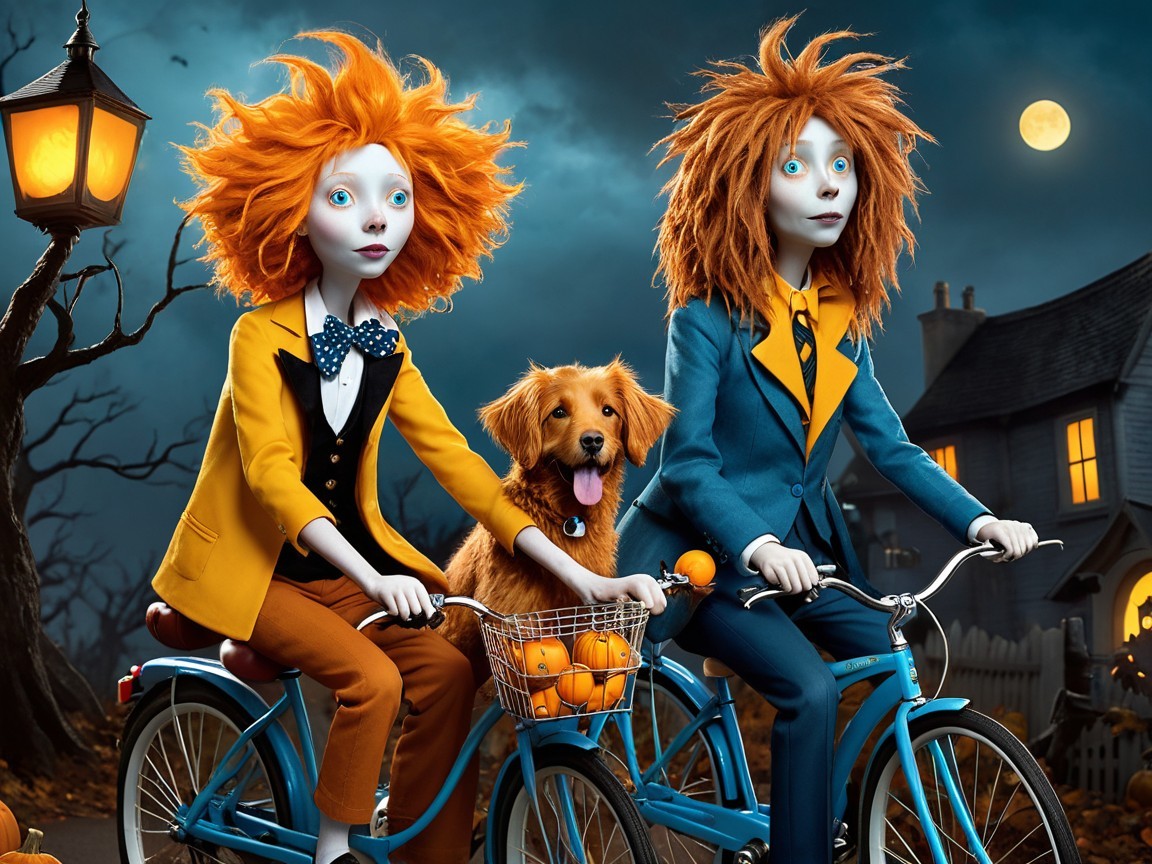 Whimsical Figures on Bicycles in Moonlit Setting
