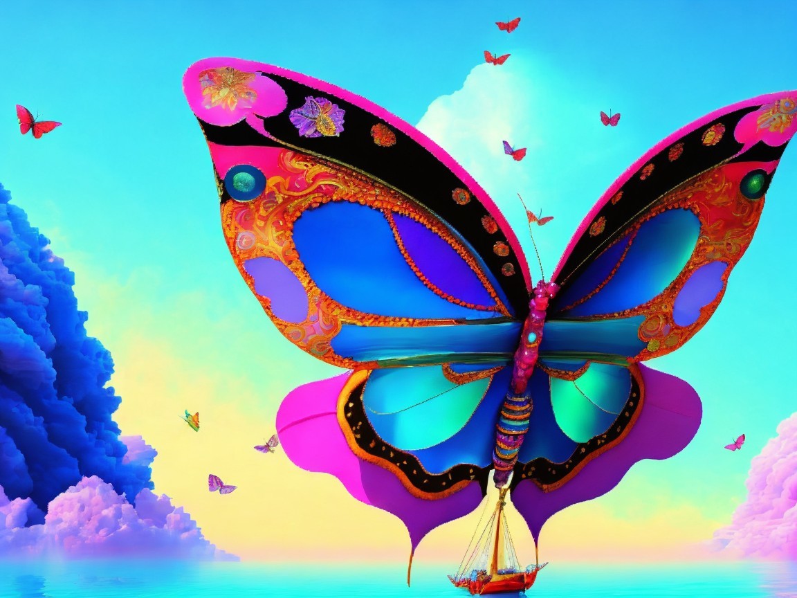 Oversized Butterfly in Whimsical Sky Scene