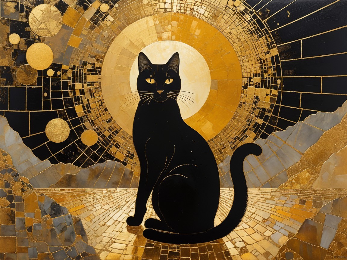 Black Cat Silhouette on Gold Background with Patterns