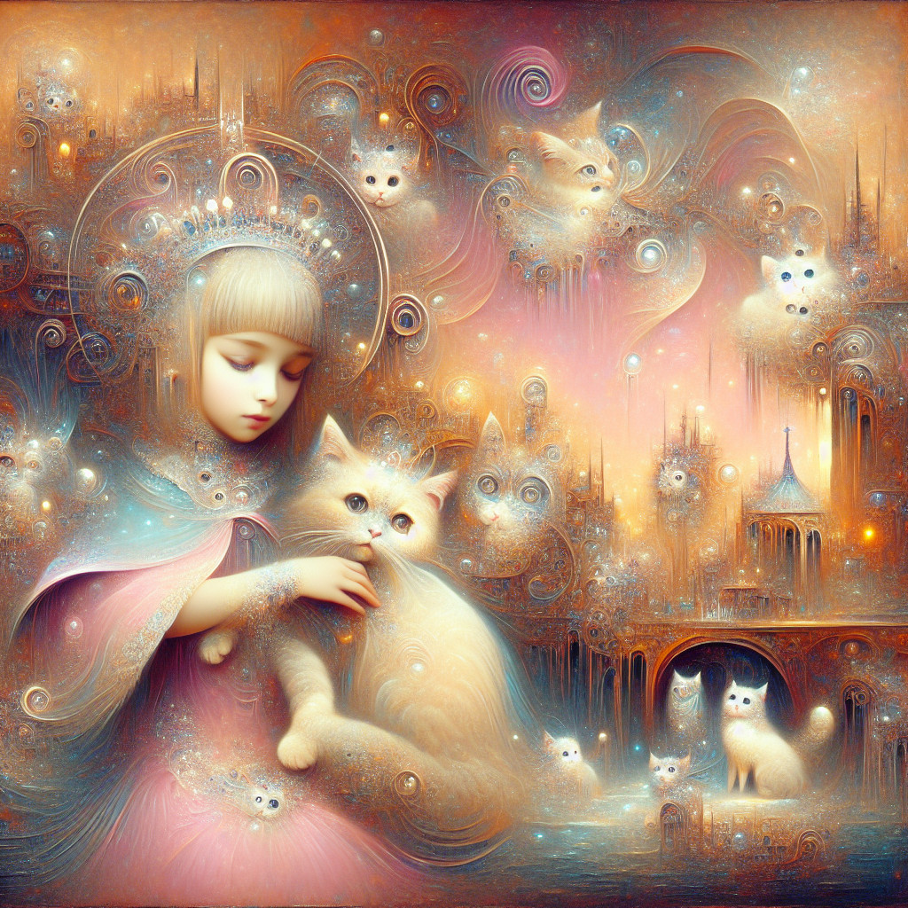 Ethereal Landscape with Girl and Fluffy White Cat