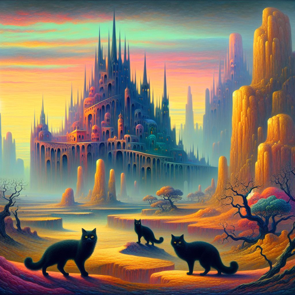 Surreal Landscape with Mystical Castle and Cats