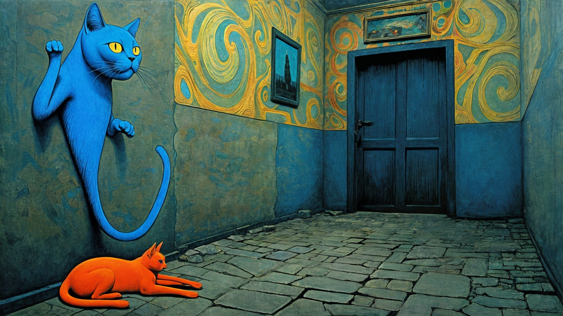 Surreal Hallway with Blue and Orange Cats