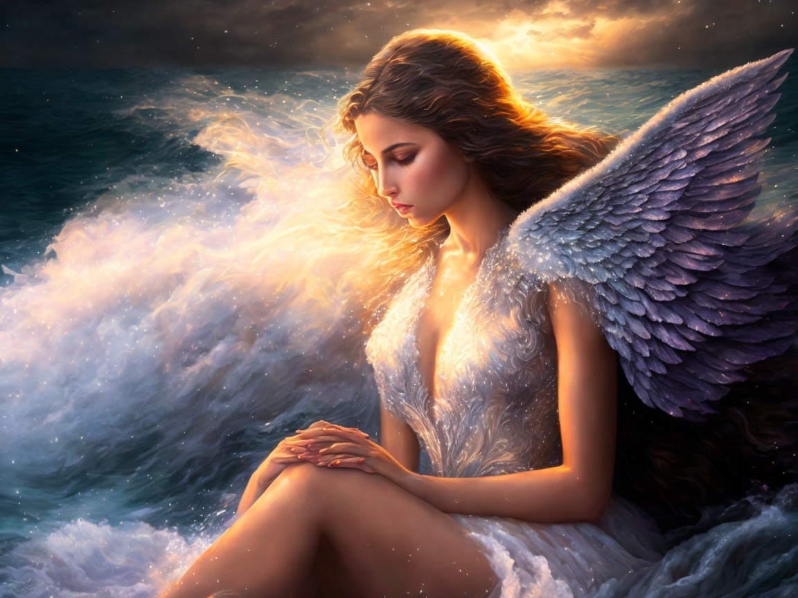 Angelic Figure by Turbulent Sea in Golden Glow