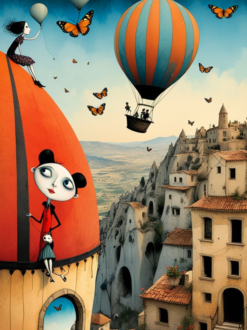 Whimsical Scene of a Girl with Balloon and Butterflies