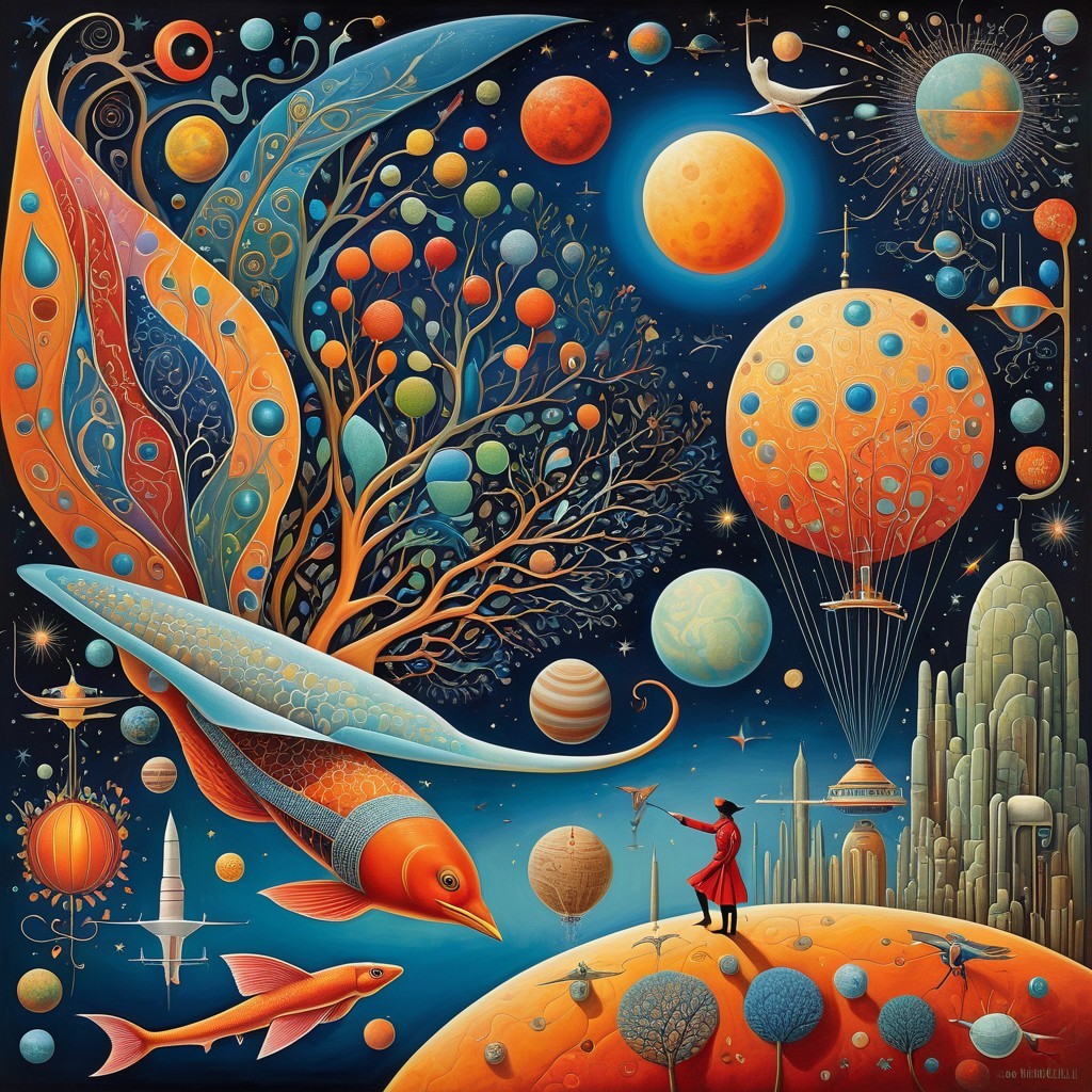 Surreal Landscape with Cosmic Fish and Whimsical Elements