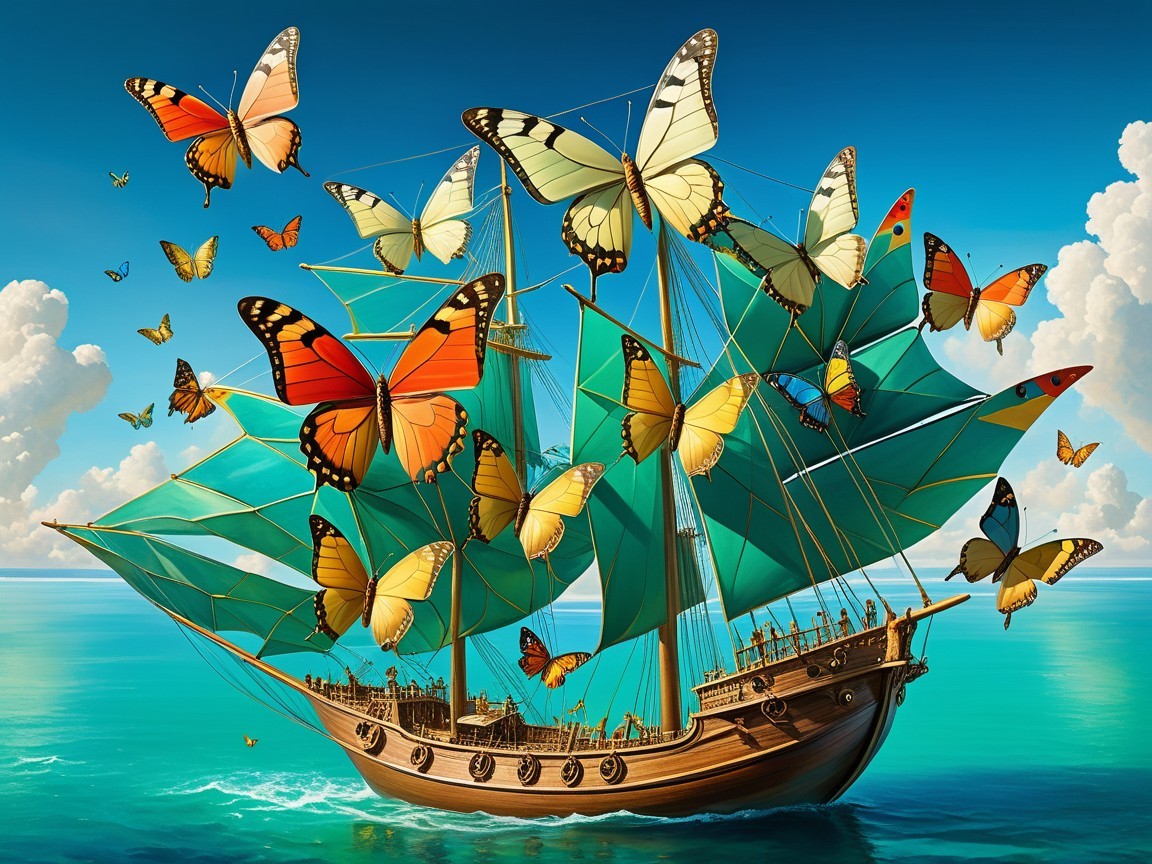 Wooden ship with butterfly sails on turquoise waters