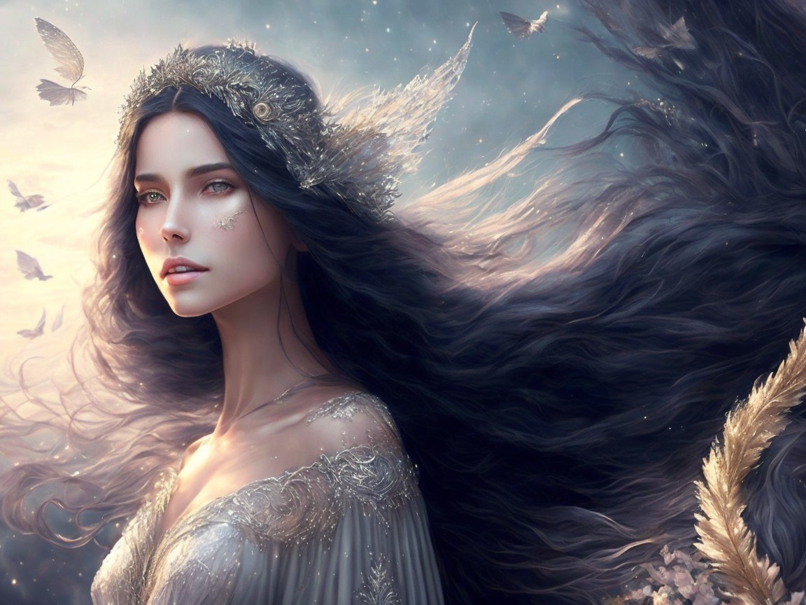 Ethereal Woman in Floral Crown with Dreamlike Background